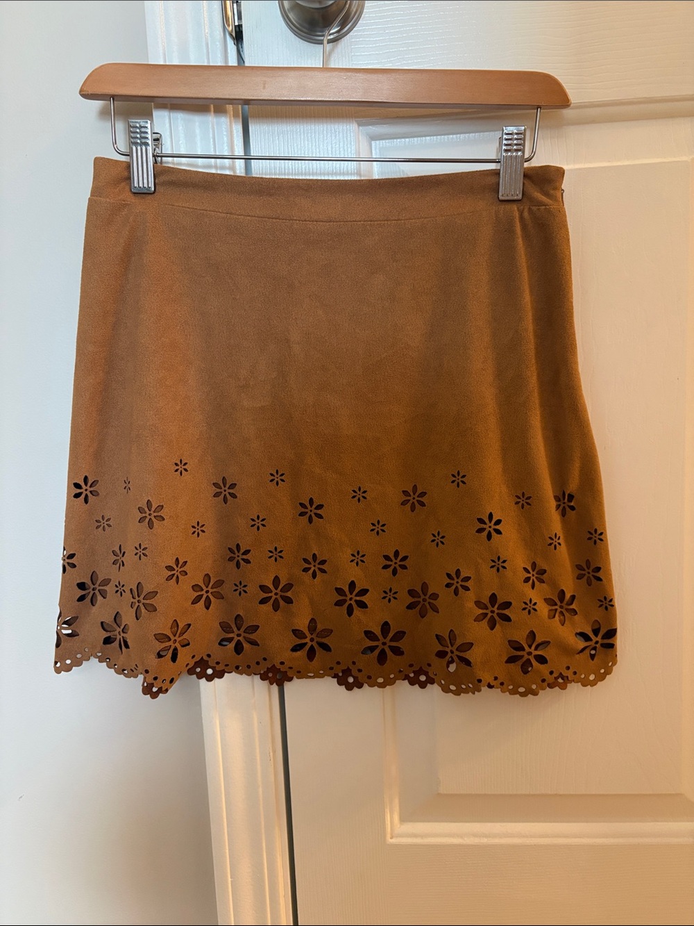 Tan Suede Laser-Cut Floral Mini Skirt